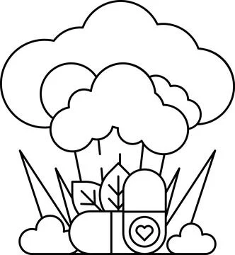 A white and black drawing of a cloud with a broccoli and a heart Stock Illustration