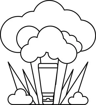 A white and black drawing of a cloud with a hot air balloon in the middle Stock Illustration