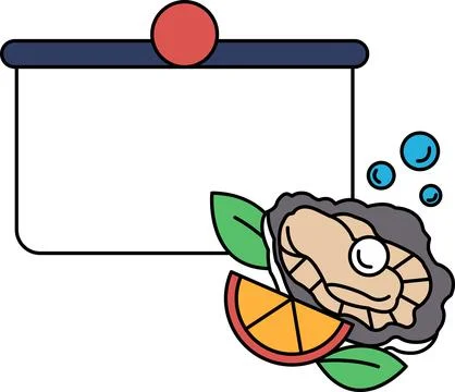 A white and black drawing of a pot with a sign on it and a lemon and an oyste Stock Illustration