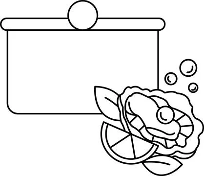 A white and black drawing of a pot with a sign on it and a lemon and an oyste Stock Illustration