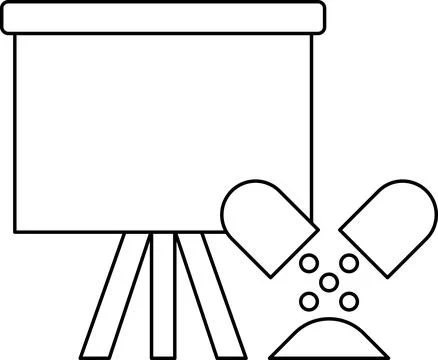 A white and black drawing of a projector screen with a pill on the right side Stock Illustration
