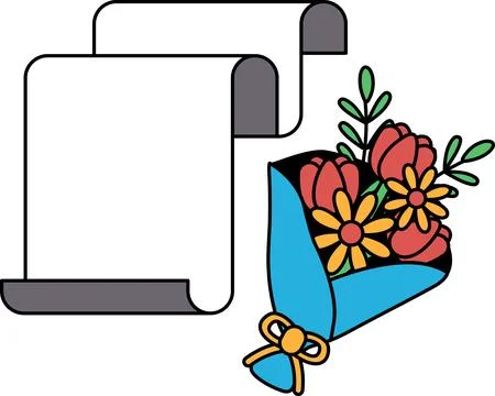 A white and black drawing of a scroll with flowers in a vase Stock Illustration