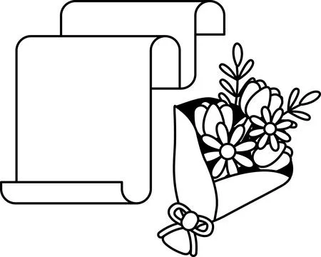 A white and black drawing of a scroll with flowers in a vase Stock Illustration