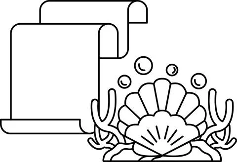 A white and black drawing of a shell and a piece of paper Stock Illustration