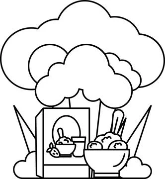 A white and black drawing of a tree with a box of cereal and a bowl of ice .. Stock Illustration