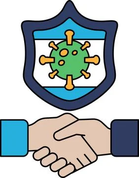A white and black drawing of two hands shaking hands with a shield behind the Stock Illustration