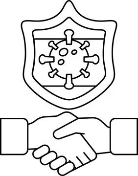 A white and black drawing of two hands shaking hands with a shield behind the Stock Illustration