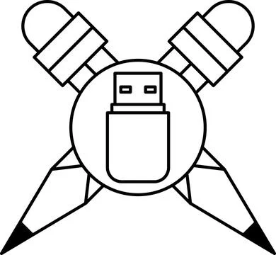 A white and black drawing of a USB flash drive with a pencil and a pen Stock Illustration