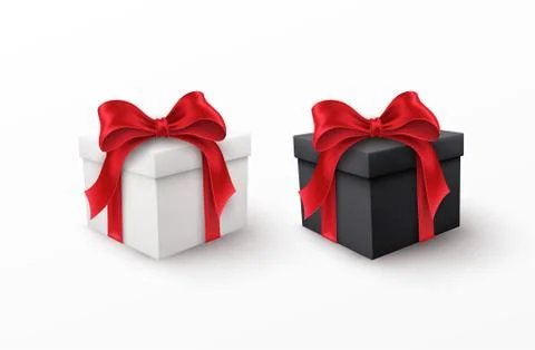 White and Black gift box with red silk bow isolated on a white background Stock Illustration