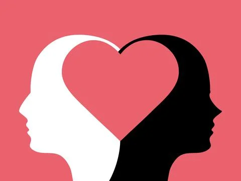 White and black head shadows together form a heart shape. love and unity.  he Ilustración de archivo