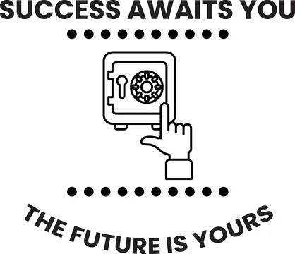 A white and black image of a hand pointing to a safe with the words "succes.. Stock Illustration