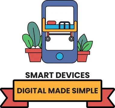 A white and black image of a smart device with a green plant in the backgroun Stock Illustration