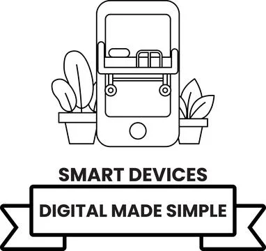 A white and black image of a smart device with a green plant in the backgroun Stock Illustration