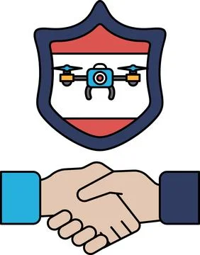 A white and black image of two hands shaking with a drone in the background Illustrazione stock
