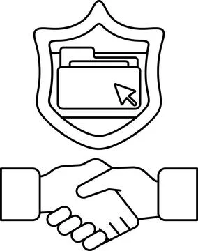 A white and black image of two hands shaking with a shield behind them イラスト素材