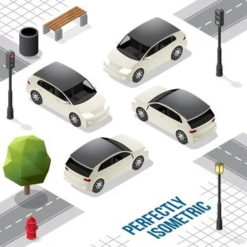 White and Black Isometric Hatchback Car from Front Back Right and Left Stock Illustration