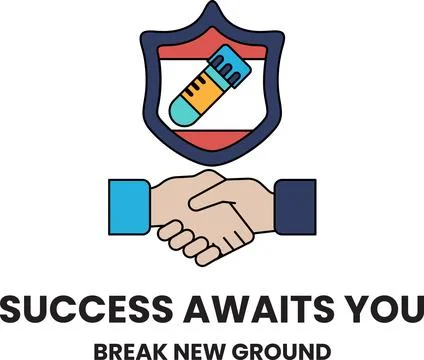 A white and black logo with a handshake symbol and the words success awaits y Stock Illustration