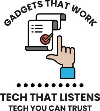 A white and black logo for a tech company that is about gadgets that work Stock Illustration