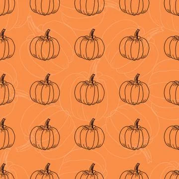 White and black pumpkin pattern. Vector contour graphics on an orange backgro Stock Illustration