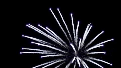 White and blue fireworks explode in the dark sky Video stock 329675749