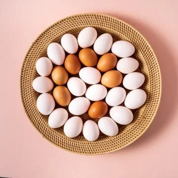 White and brown Egg pattern over pink background , flat lay. 스톡 사진