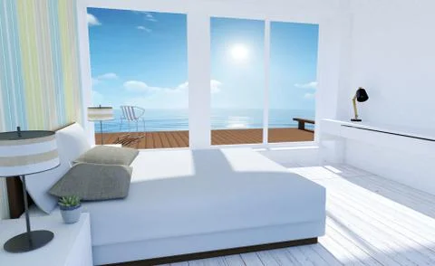 White and cozy minimal bedroom interior with sea view in summer Stock Illustration