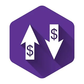 White Up and Down arrows with dollar symbol icon isolated with long shadow 库存插图