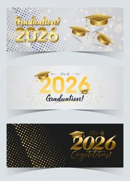 White and Gold Class of 2026 Minimal Graduation Banner Trio Stock Illustration