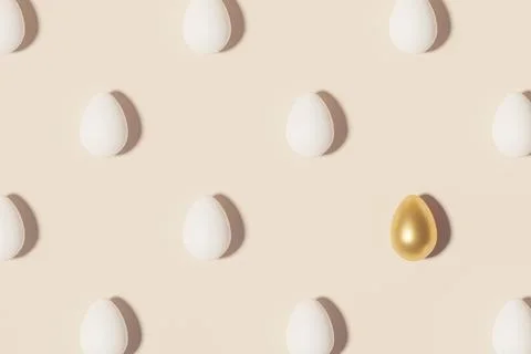 White and golden Easter eggs, spring April holidays card, top view, 3d Stock Illustration