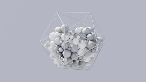 White and gray balls inside metallic polyhedron. 3d render. Stock Illustration