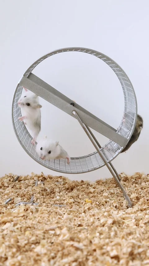 White and gray hamsters ride on a wheel. Adorable, cute pets. Humor. Stock Footage 220416600