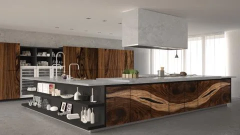 White and gray minimalistic kitchen, with classic wood fittings, luxury inter Stock Illustration
