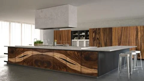 White and gray minimalistic kitchen, with classic wood fittings, luxury inter Stock Illustration