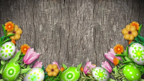 White and green easter eggs on colourful flowers and wooden planks background Stock Footage 306078063