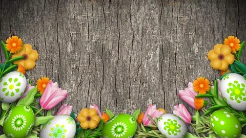 White and green easter eggs on colourful flowers and wooden planks background Stock Illustration