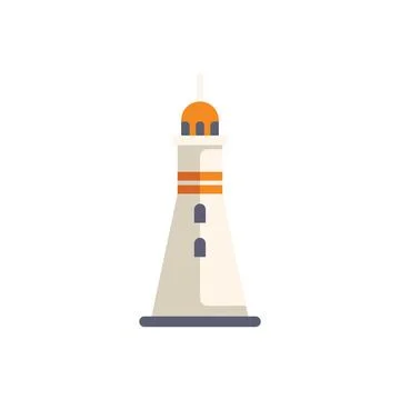 White and orange lighthouse guiding ships at sea with bright light Stock Illustration
