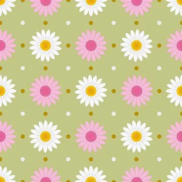 White and Pink Daisy Seamless Pattern on Green Background Stock Illustration