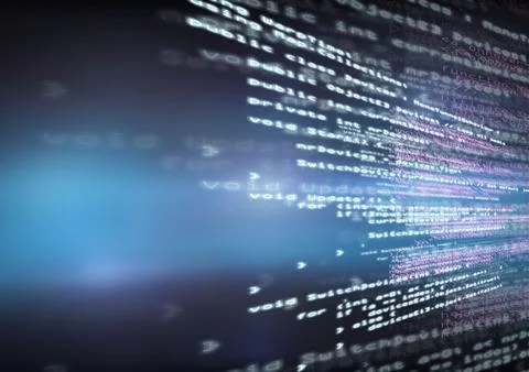 White and purple code streams are floating across blurred blue gradient Stock Illustration