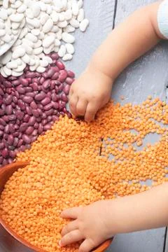 White and red beans with ginger lentils in bowls, kids hands Stock Photos