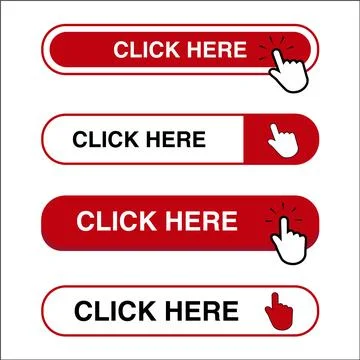 White and red click here button with a hand clicking on a white background 库存插图