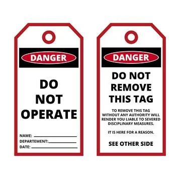 White and red danger do not operate and do not remove this hanging labels Stock Illustration