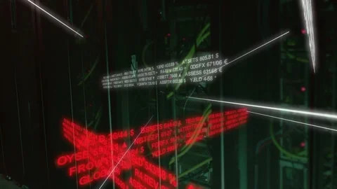 White and red data panels drifting camera rotating inward laser streak cutting Stock Footage 331872761
