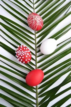 White and red easter eggs and palm branch on a white background Stock Photos