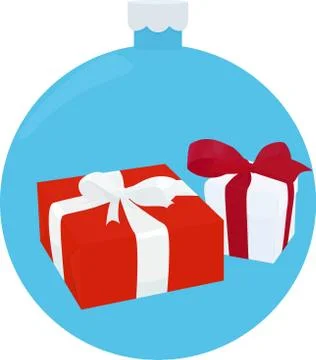 White and RED Gift Box with Ribbon and Bow on blue christmas-tree ball Stock Illustration