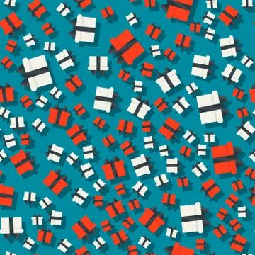 White and red gift boxes pattern on a blue background. Seamless vector Illustrazione stock
