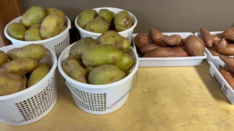 White and red potatoes in baskets Video stock 280519647