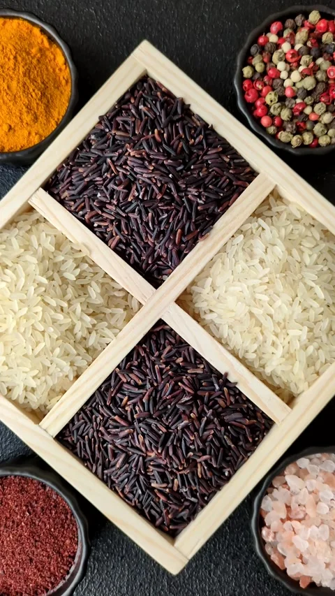 White and red raw rice grains in a ceramic bowl. Rice as an ingredient Stock Footage 305492291