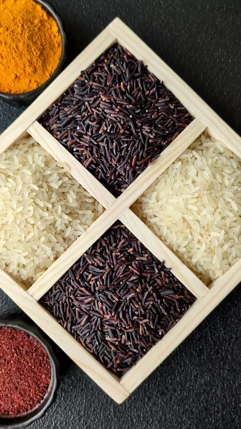 White and red raw rice grains in a ceramic bowl. Rice as an ingredient Stock Footage 305492295