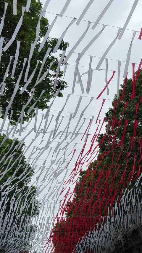 White and red ribbons on a rope against the background of the sky and trees Stock-Footage 253345162