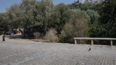 White and red train crossing in front of the Acropolis Stock Footage 87099483